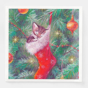 Retro vintage Christmas cat Holiday Paper Dinner Napkins