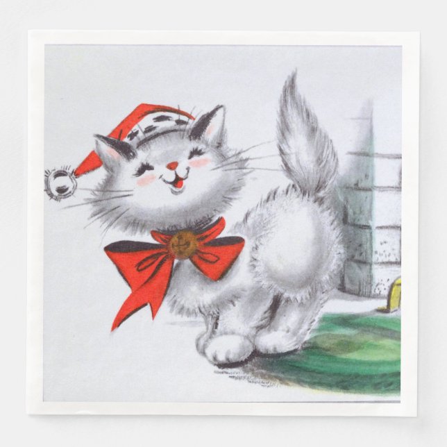 retro vintage Christmas cat Holiday  Paper Dinner Napkins (Front)