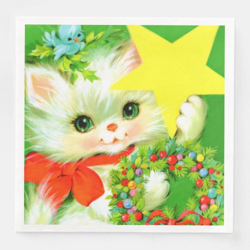 Retro vintage Christmas cat Holiday party  Paper Dinner Napkins