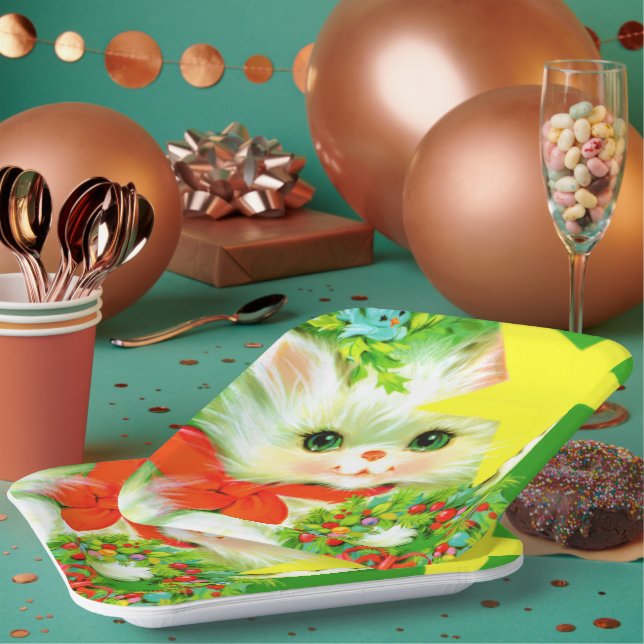 Retro vintage Christmas cat Holiday party Paper Plates (Multi)