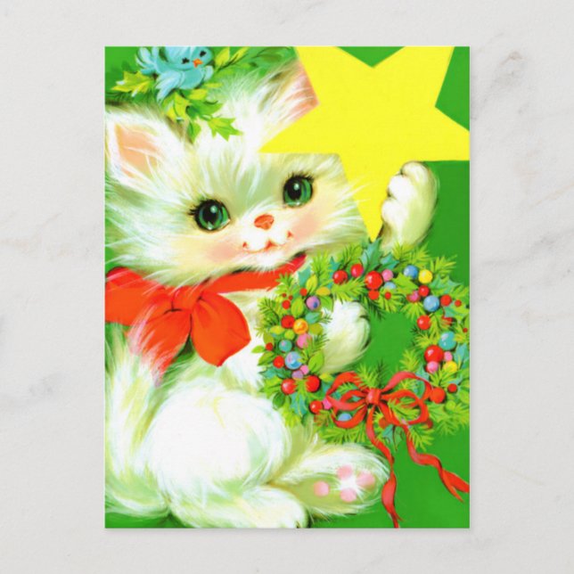 Retro vintage Christmas cat Holiday postcard (Front)