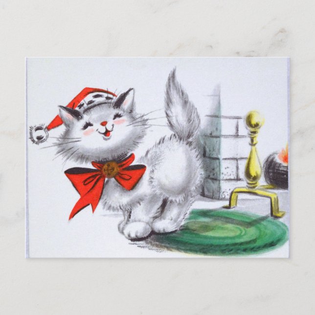 retro vintage Christmas cat  Holiday Postcard (Front)