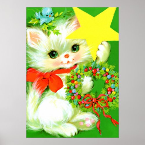 retro vintage Christmas cat Holiday Poster