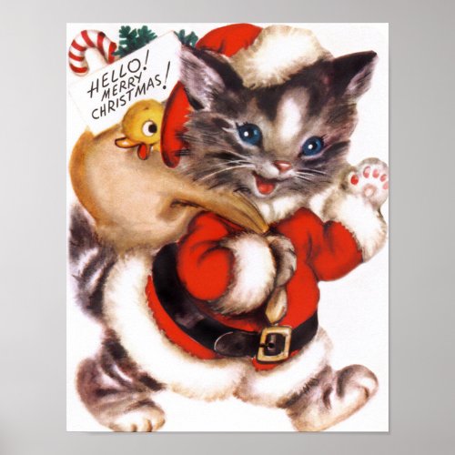 Retro vintage Christmas cat Holiday Poster
