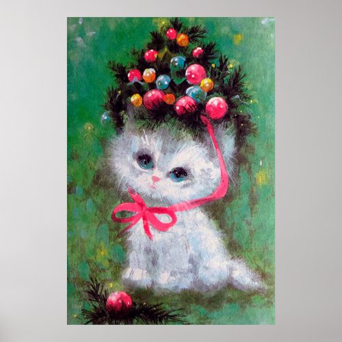 Retro vintage Christmas cat Holiday poster