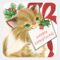 retro vintage Christmas cat Holiday Square Sticker