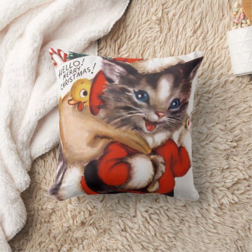 retro vintage Christmas cat Holiday Throw Pillow