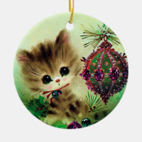 Retro vintage Christmas cat Holiday tree ornament