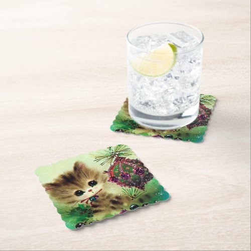 Retro Vintage Christmas cat party coaster