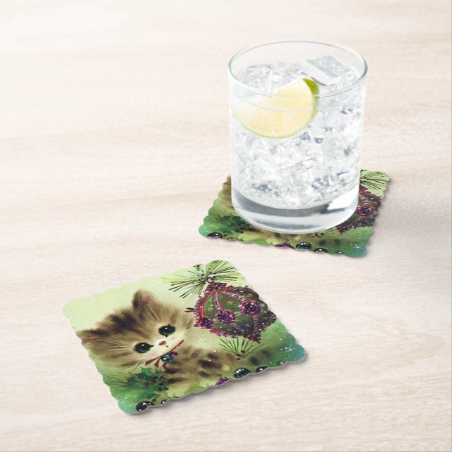 Retro Vintage Christmas cat party coaster (Insitu)