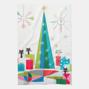 retro vintage Christmas cats Holiday kitchen Kitchen Towel