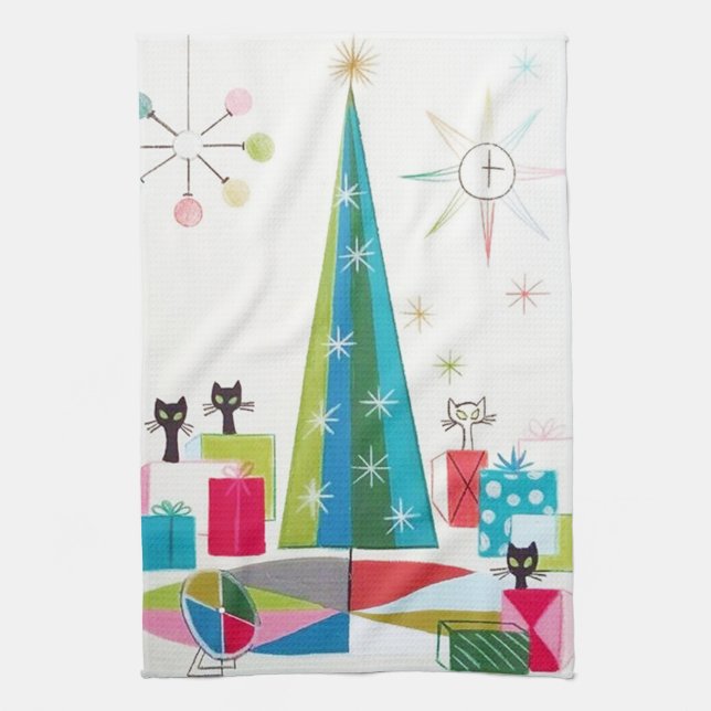retro vintage Christmas cats Holiday kitchen Kitchen Towel (Vertical)