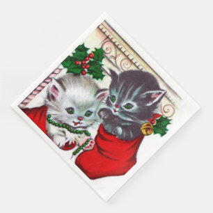 Retro Vintage Christmas cats Holiday party Paper Dinner Napkins