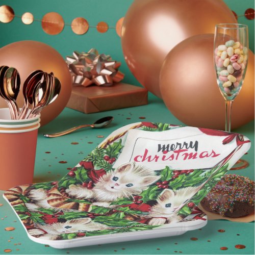 retro vintage Christmas cats Holiday party Paper Plates