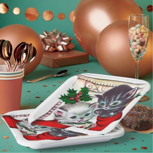 Retro Vintage Christmas cats Holiday party plate