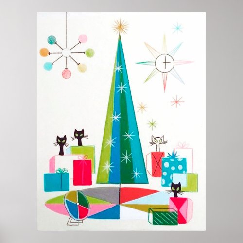 Retro vintage Christmas cats Holiday poster