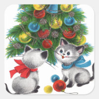 retro vintage Christmas cats Holiday Square Sticker