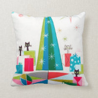 retro vintage Christmas cats Holiday Throw Pillow