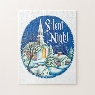 retro vintage Christmas Church scene Holiday Jigsaw Puzzle