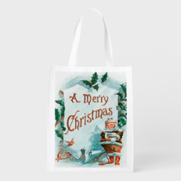 Retro Vintage Christmas Cool Santa Greeting Grocery Bag