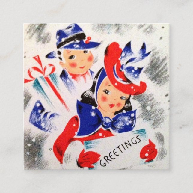 retro vintage Christmas couple Holiday Square Business Card (Front)