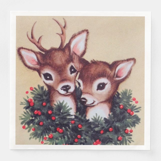 retro vintage Christmas deer Holiday Paper Dinner Napkins (Front)