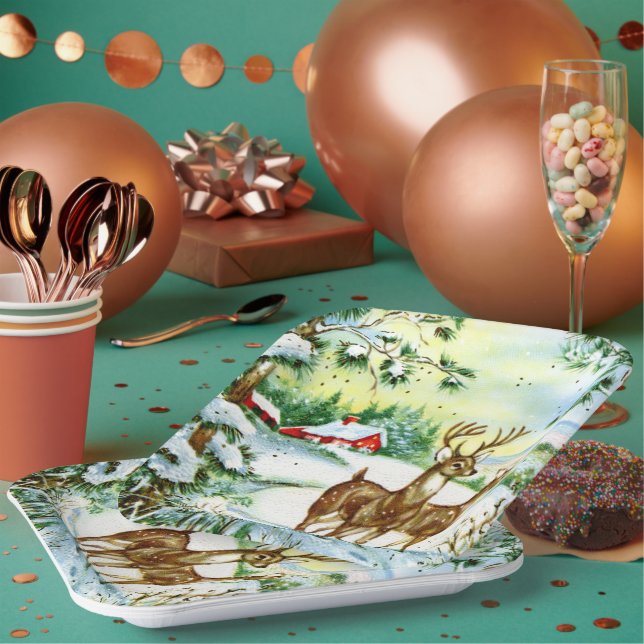 retro vintage Christmas deer Holiday Paper Plates (Multi)