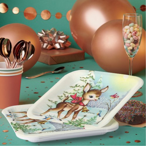 Retro vintage Christmas deer Holiday party Paper Plates