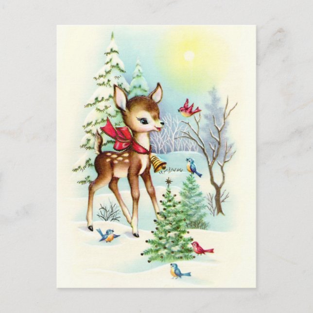 Retro vintage Christmas deer Holiday postcard (Front)