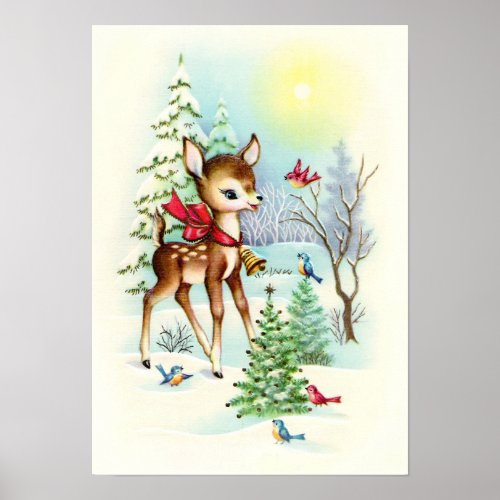 Retro vintage Christmas deer Holiday Poster