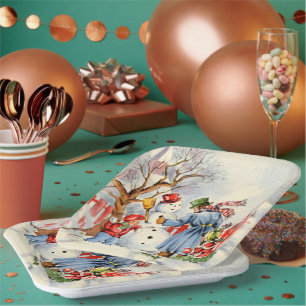 retro vintage Christmas Family Holiday Paper Plates