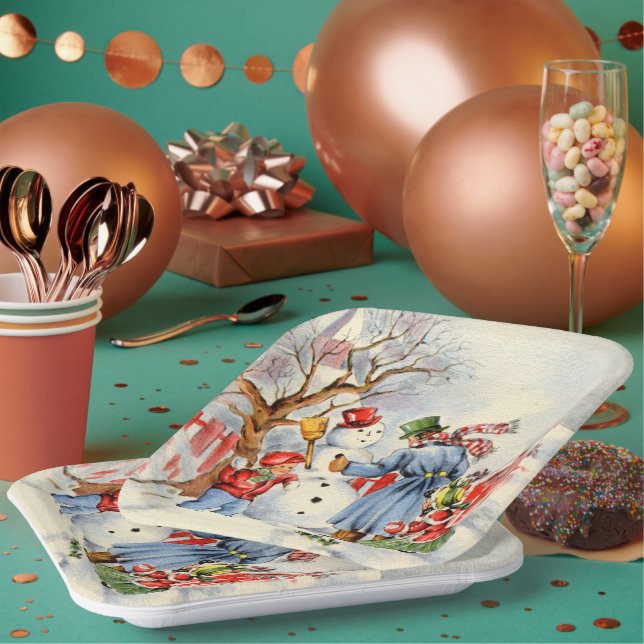 retro vintage Christmas Family Holiday Paper Plates (Multi)