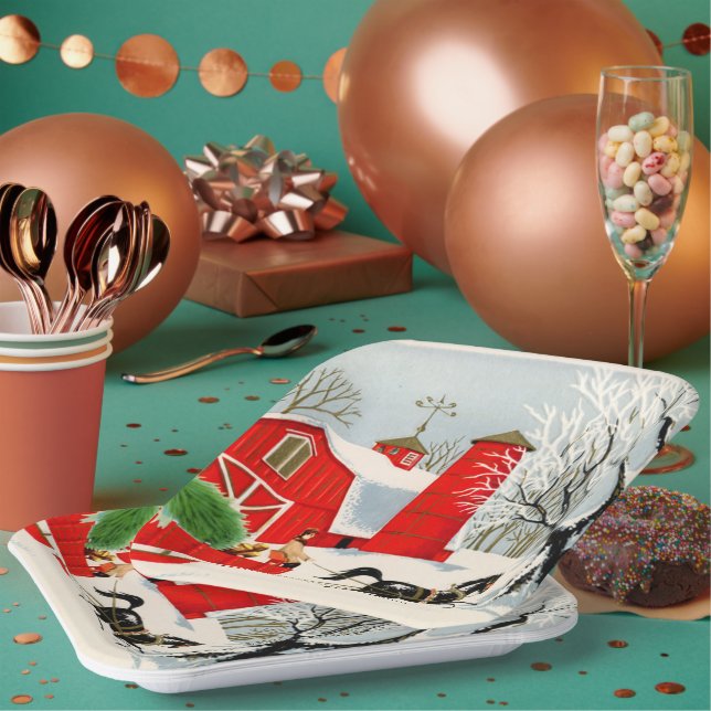 retro vintage Christmas farm Holiday party Paper Plates (Multi)