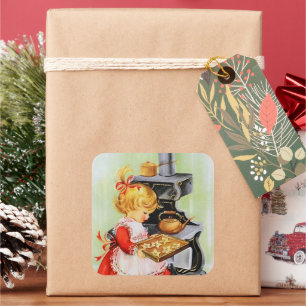Retro vintage Christmas girl baking Square Sticker