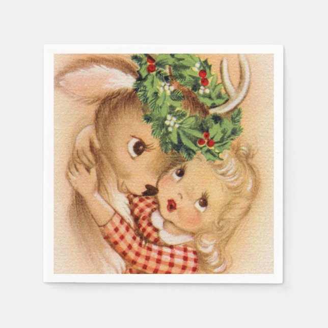 retro vintage Christmas girl deer Holiday Napkins (Front)