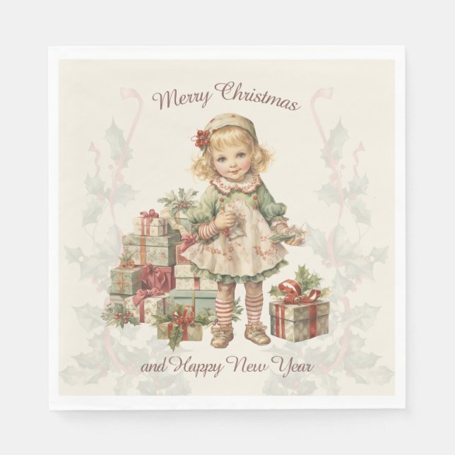 Retro Vintage Christmas Girl Gifts Napkins (Front)