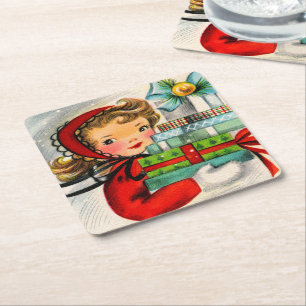 Retro Vintage Christmas girl Holiday party coaster