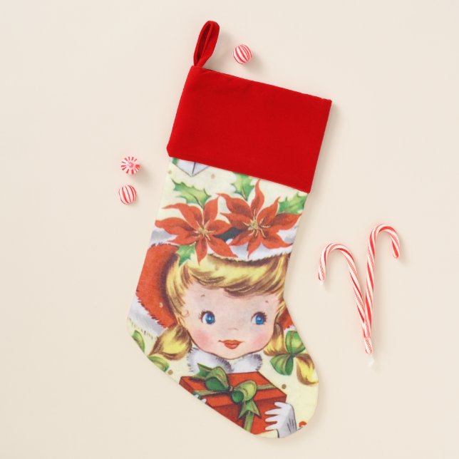Retro Vintage Christmas girl Holiday stocking (Front)