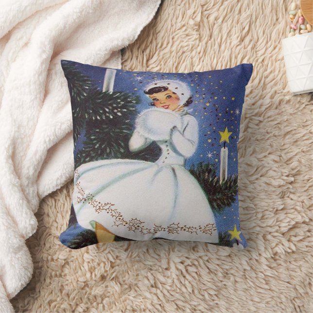retro vintage Christmas girl Holiday Throw Pillow (Blanket)