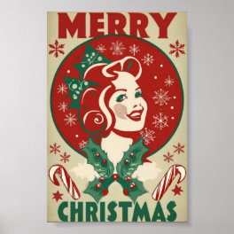 Retro vintage Christmas girl traditional design Poster