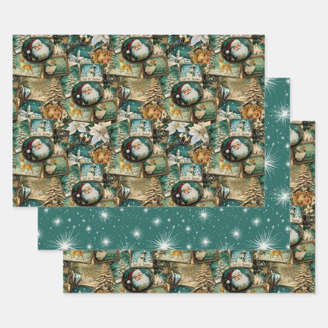 Retro Vintage Christmas: Green Collage Wrapping Paper Sheets (Set)