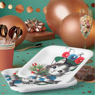 Retro vintage Christmas Holiday cat Paper Plates