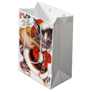 Retro vintage Christmas Holiday cat party Medium Gift Bag