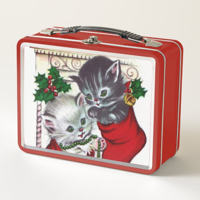 Retro vintage Christmas Holiday cats lunch box (Front)