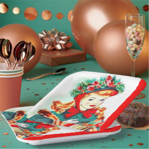 Retro vintage Christmas Holiday lady party napkins Paper Plates
