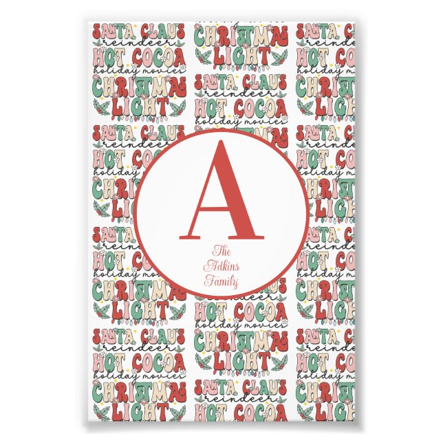 Retro Vintage Christmas Holiday Monogram Photo Print (Front)