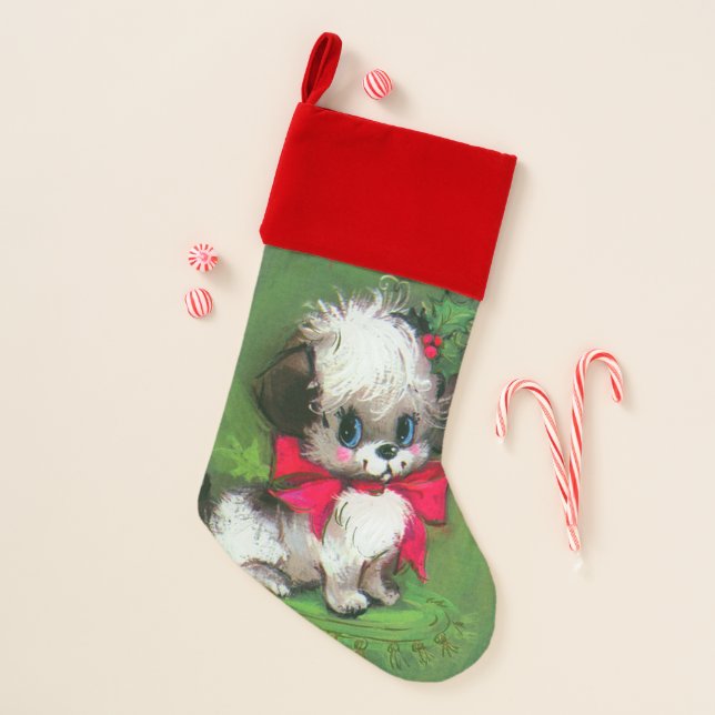 Retro Vintage Christmas Holiday puppy stocking (Front)