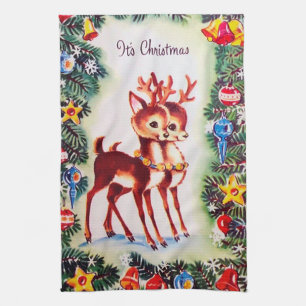 retro vintage Christmas Holiday reindeer Kitchen Towel