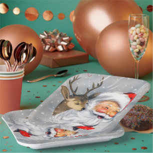 Retro vintage Christmas Holiday Santa reindeer Paper Plates