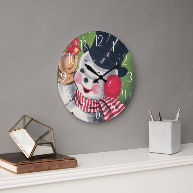retro vintage Christmas Holiday Snowman Large Clock (Office)